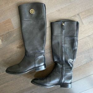 Tory Burch black leather knee high medallion boots